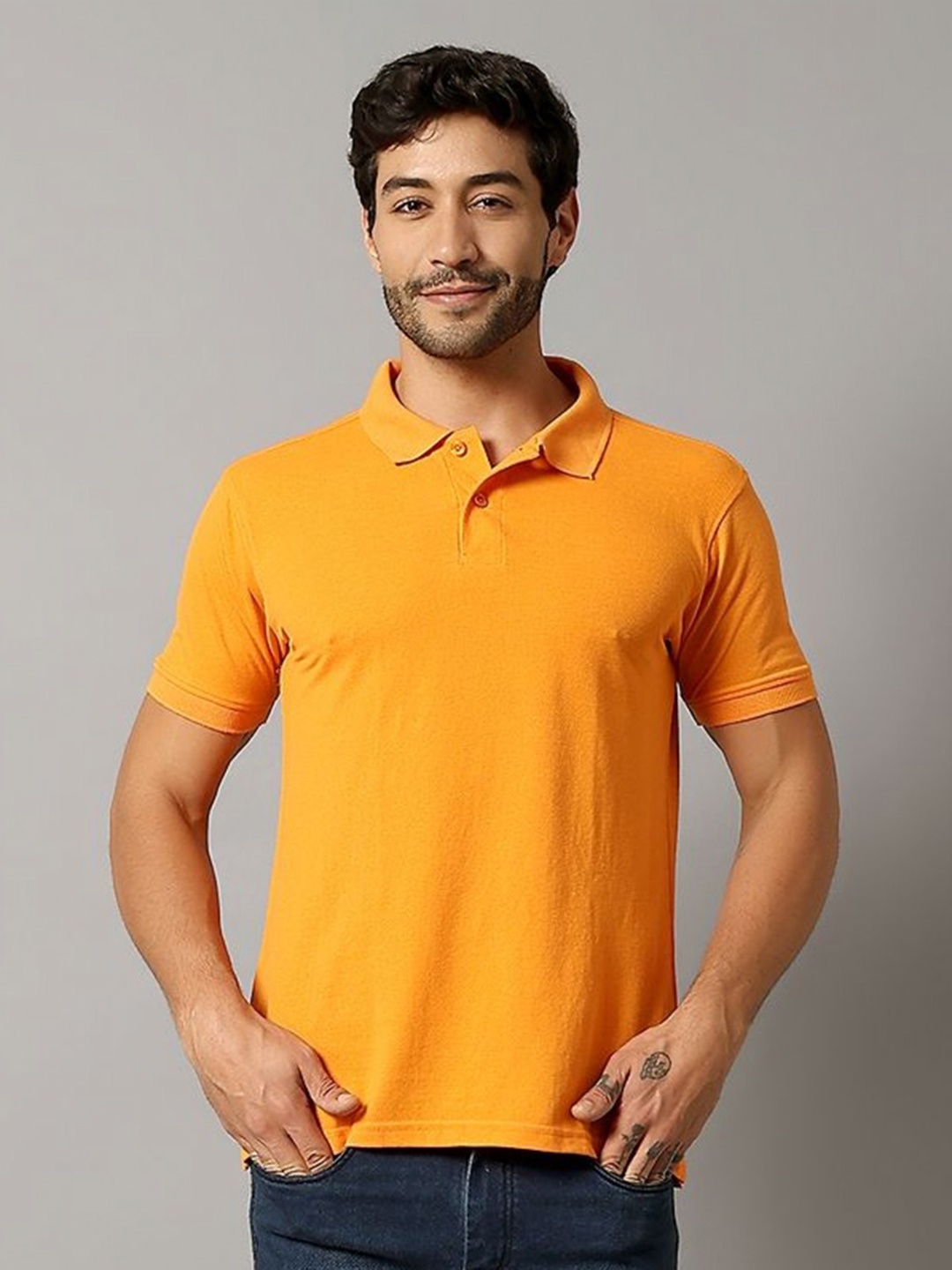 

AUXAMIS Men Polo Collar Pockets T-shirt, Orange