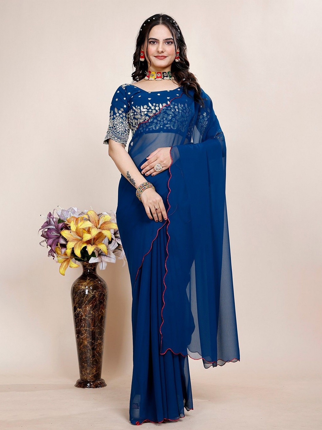 

K 5 Fashion Embroidered Pure Georgette Saree, Navy blue