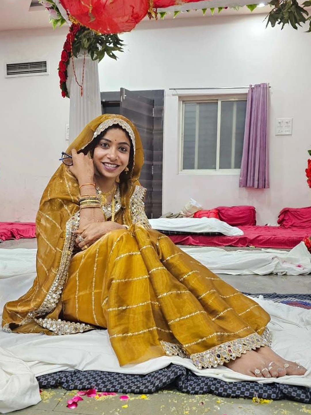 

MANSUBHA Nandaprema Striped Embroidered Mirror Work Tissue Saree, Mustard