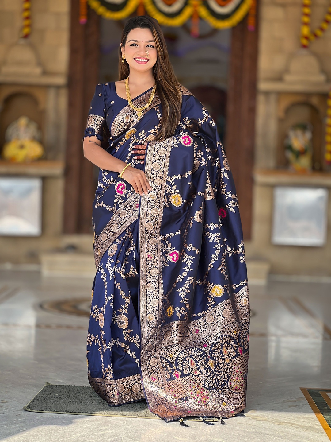 

Ekta Textiles Woven Design Zari Pure Silk Designer Banarasi Saree, Navy blue