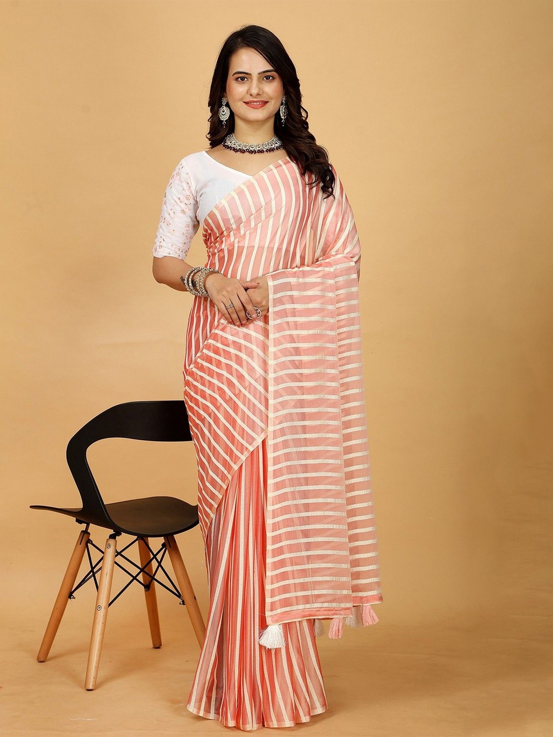 

K 5 Fashion Striped Art Silk Saree, Orange