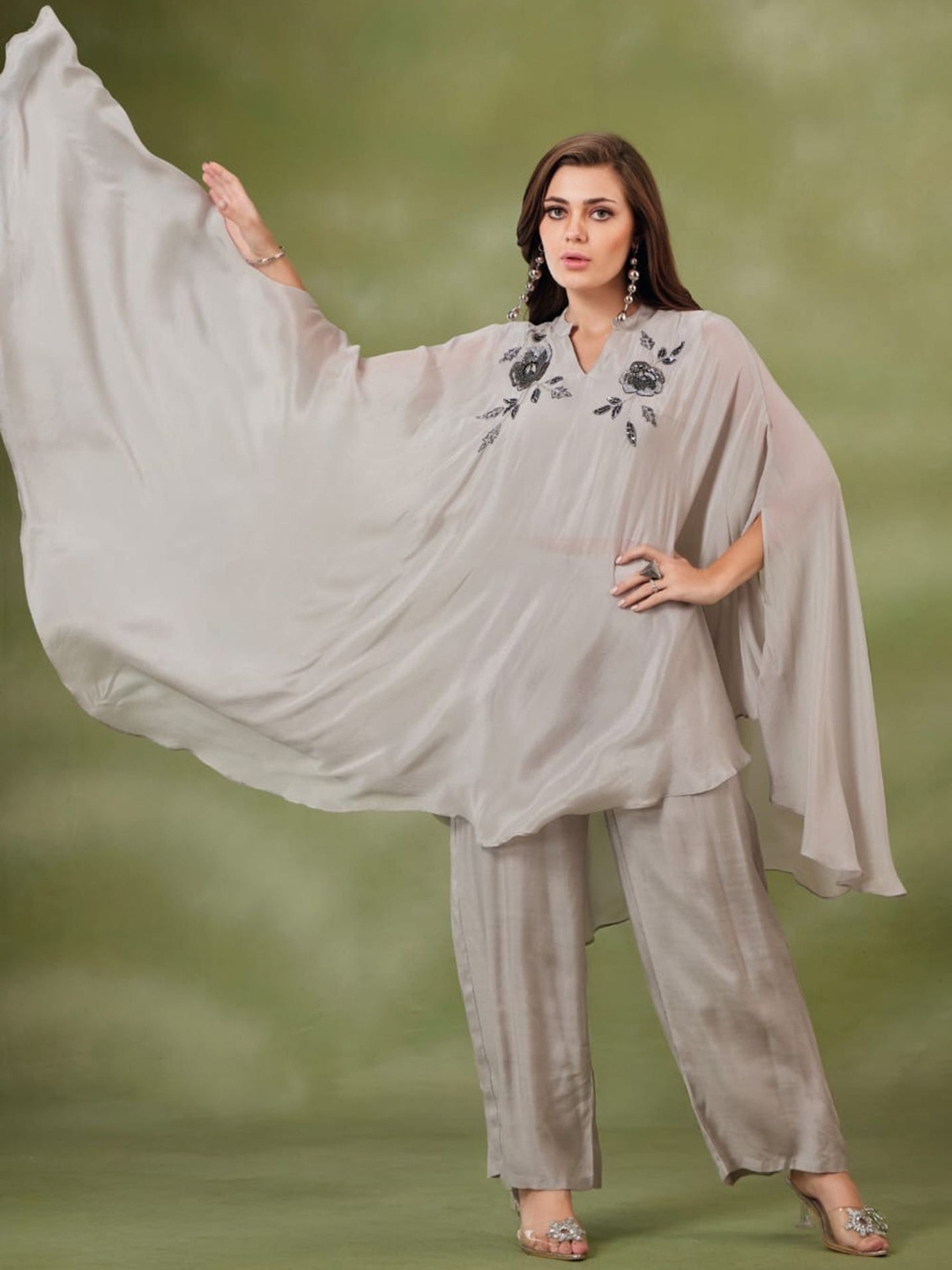 

FREYAA Embroidered Kaftan Top With Trouser Co-Ords, Grey