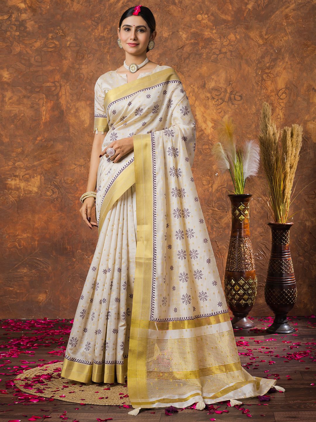 

Saree mall Woven Design Zari Linen Blend Kasavu Sarees, Cream