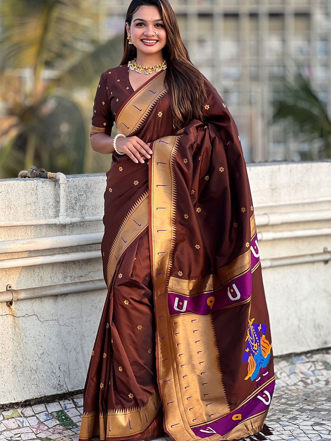 

HMP Fashion Woven Design Pure Silk Paithani Saree, Brown