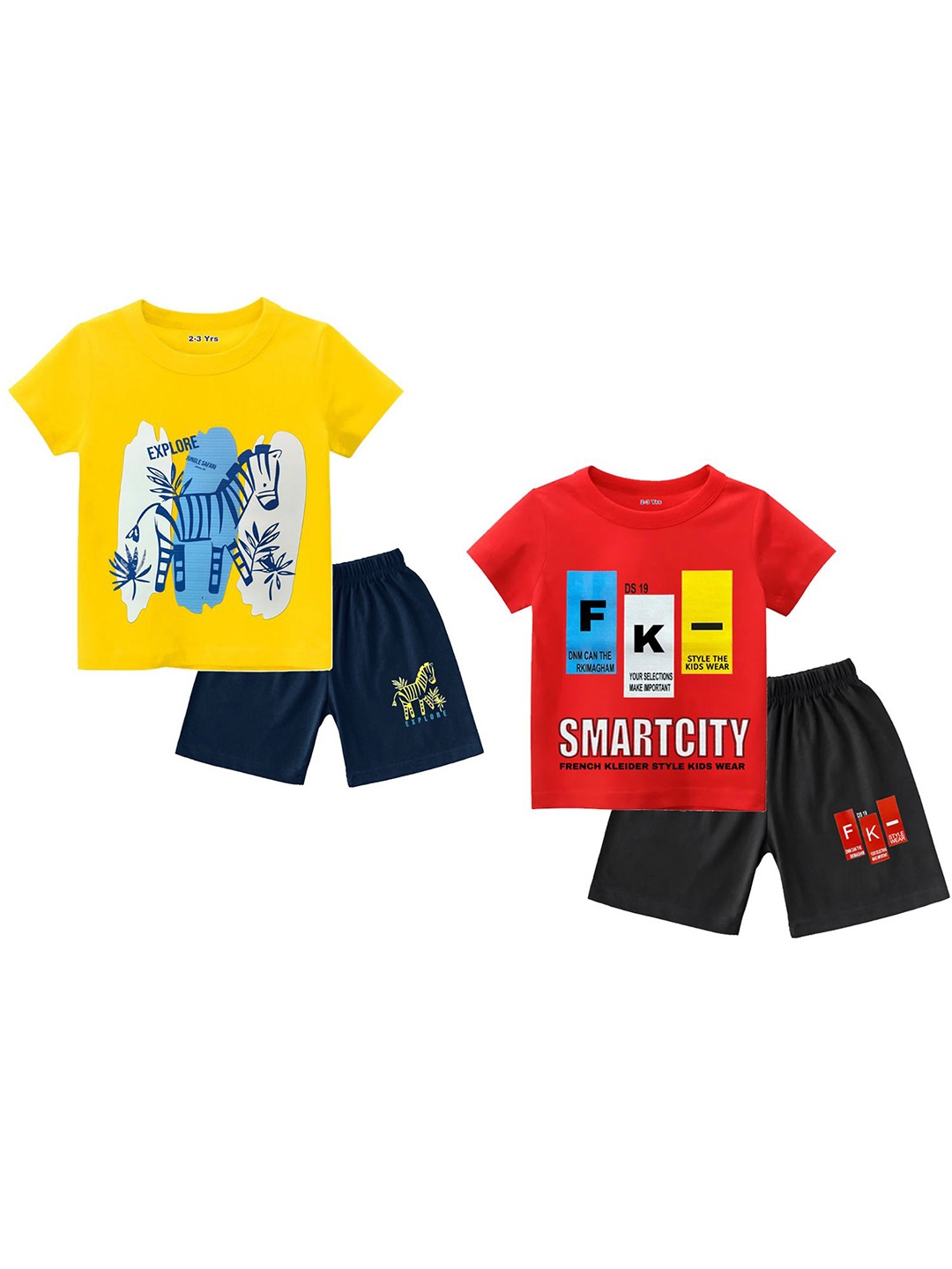 

FRENCH KLEIDER Infants Pack Of 2 Printed Round Neck Pure Cotton T-shirt With Shorts, Red