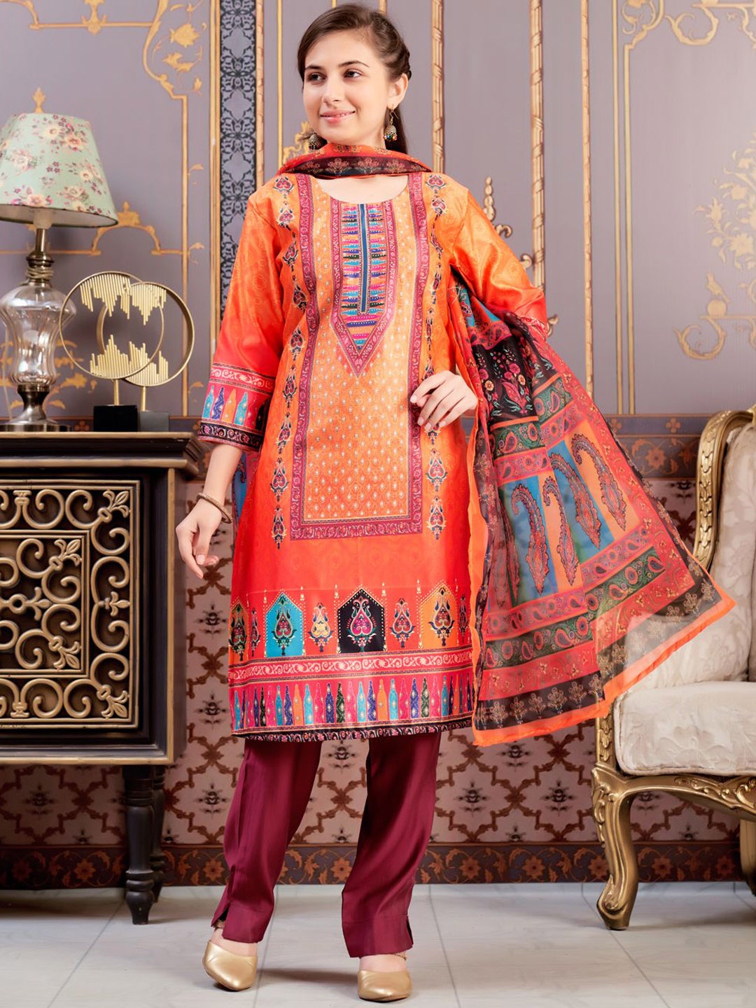 

Sangria Girls Ethnic Motifs Printed Satin Straight Kurta With Trouser And Dupatta, Orange