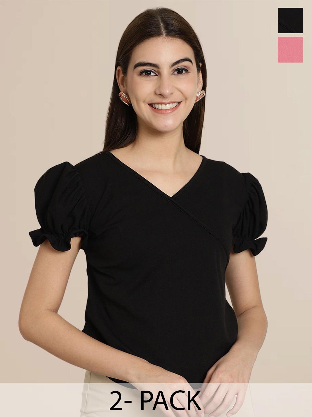 

Tromko Women Puff Sleeve V-neck Top, Multi