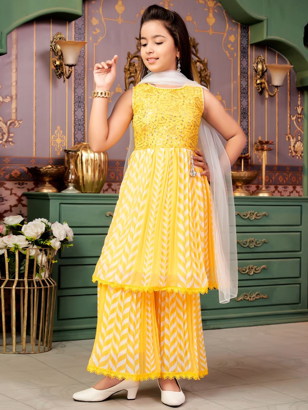 

Sangria Girls Embroidered Sequined Kurta Sharara & Dupatta Set, Yellow