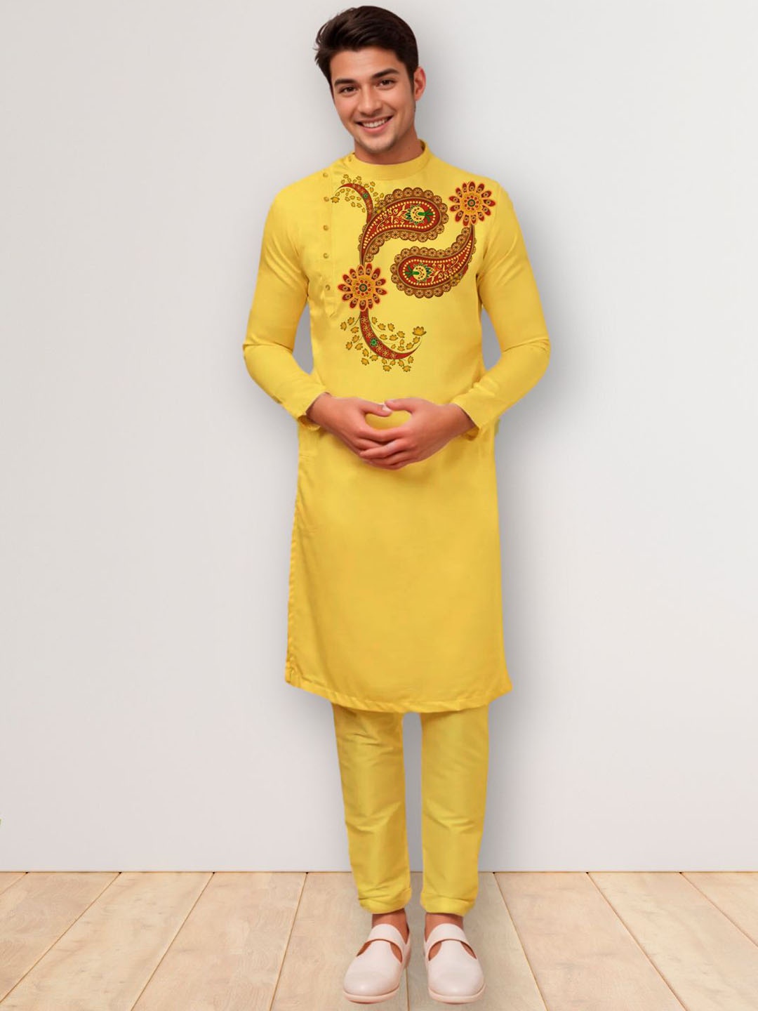 

DEVOILER Men Ethnic Motifs Printed Patchwork Kurta, Mustard