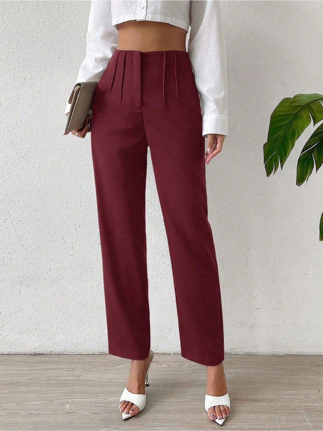 

HIGH BUY Women Pencil Skinny Fit High-Rise Pleated Trousers, Burgundy