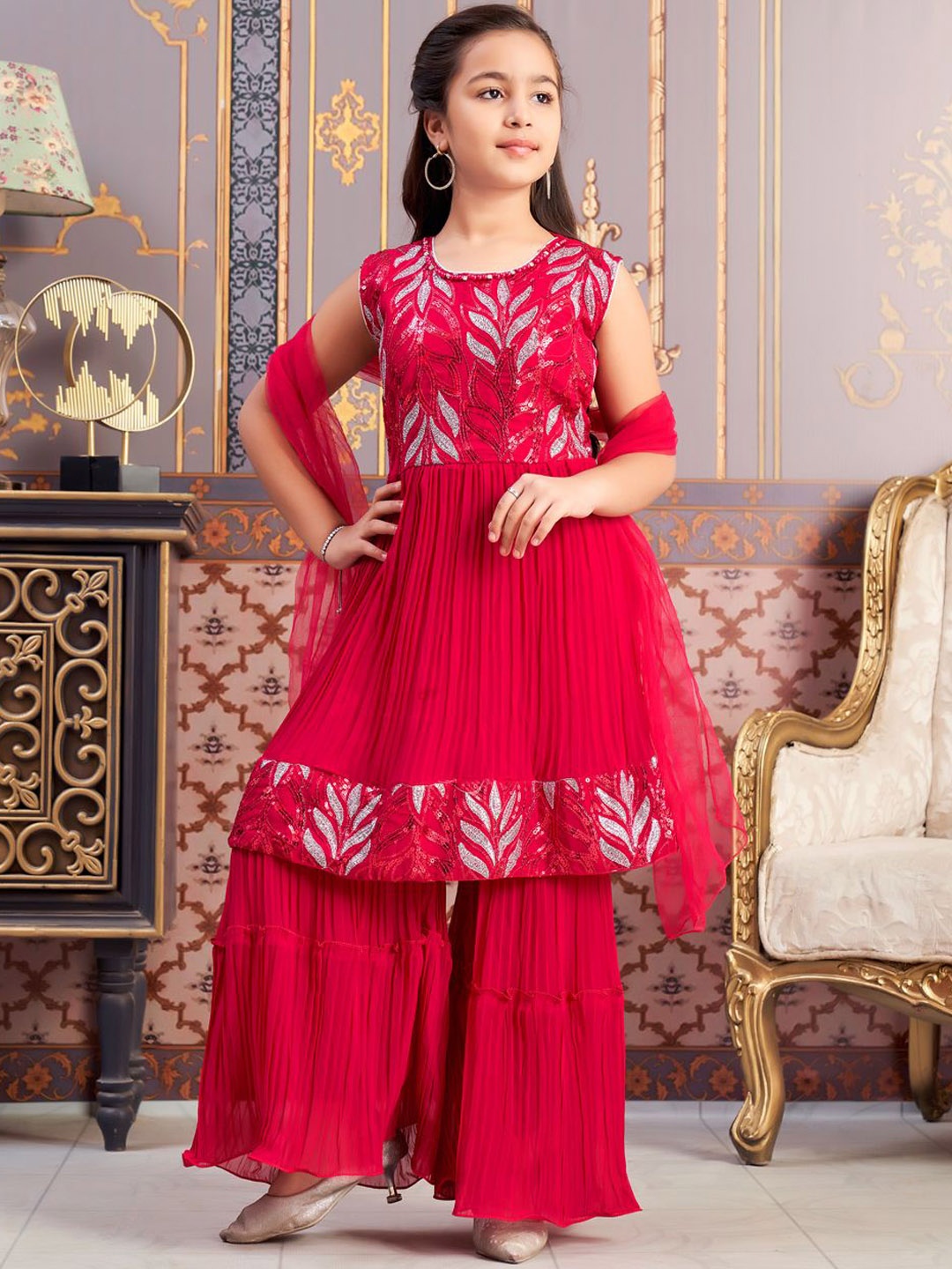 

Sangria Girls Embroidered Sequined Kurta Sharara & Dupatta Set, Pink