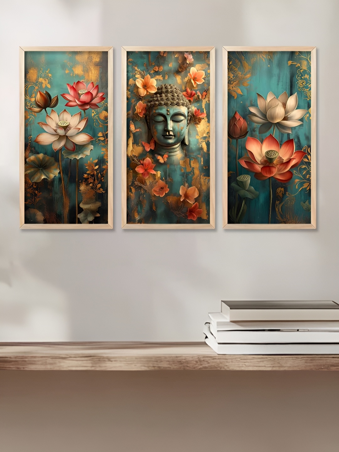 

WALLLANE Green & Orange 3 Piece Wood Floral and Botanical Wall Paintings