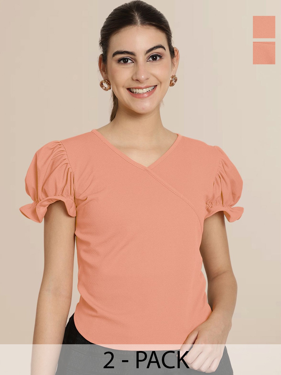 

Tromko Women Pack of 2 Puff Sleeve Top, Orange