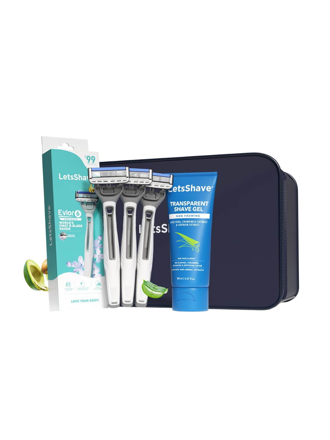 

LetsShave Set Of 3 Evior 6 Portable Razor & Transparent Shave Gel With Pouch - 100 ml, White