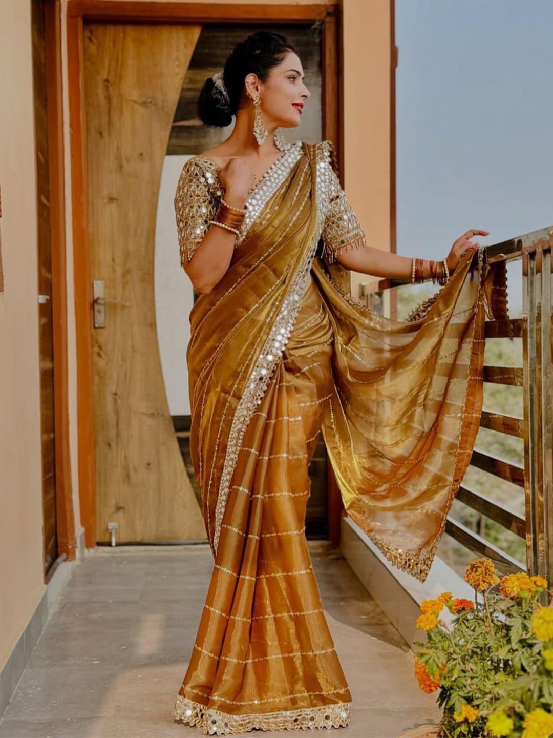 

MANSUBHA Nandaprema Striped Embroidered Mirror Work Tissue Saree, Mustard