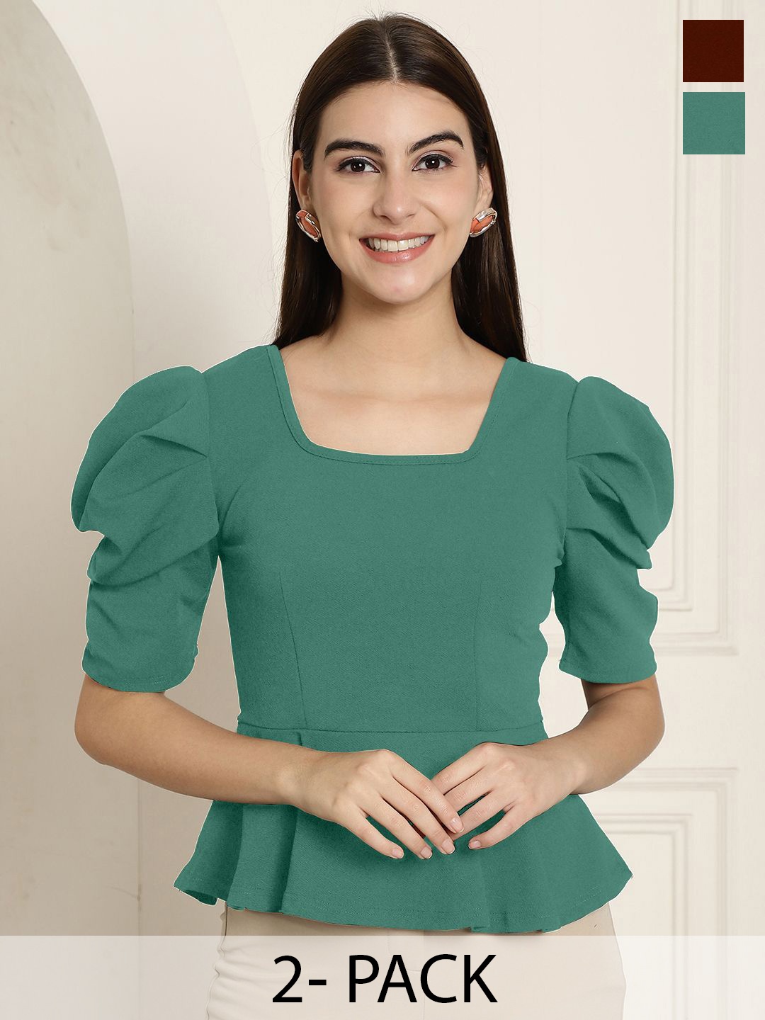 

Tromko Women Pack Of 2 Puff Sleeve Top, Green