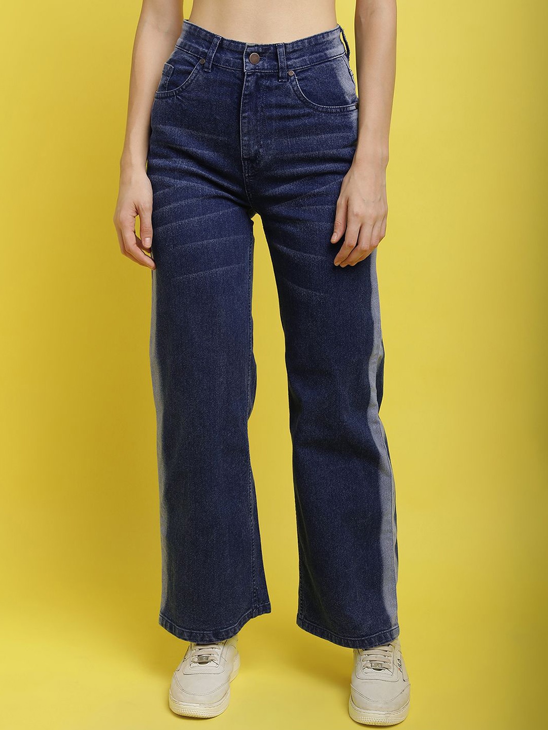 

JAKANARY Women Faded Relaxed High-Rise Easy Wash Trousers, Blue