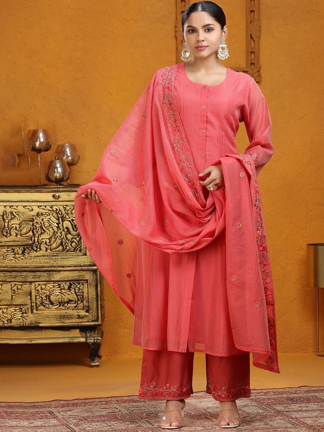 

COTTON CULTURE Women Regular Pure Silk Kurta with Palazzos & With Dupatta, Peach