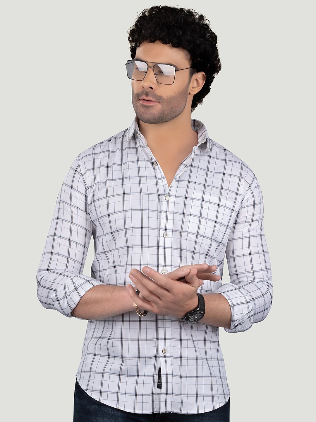 

ALMATY Men Comfort Slim Fit Windowpane Checks Opaque Checked Casual Shirt, White