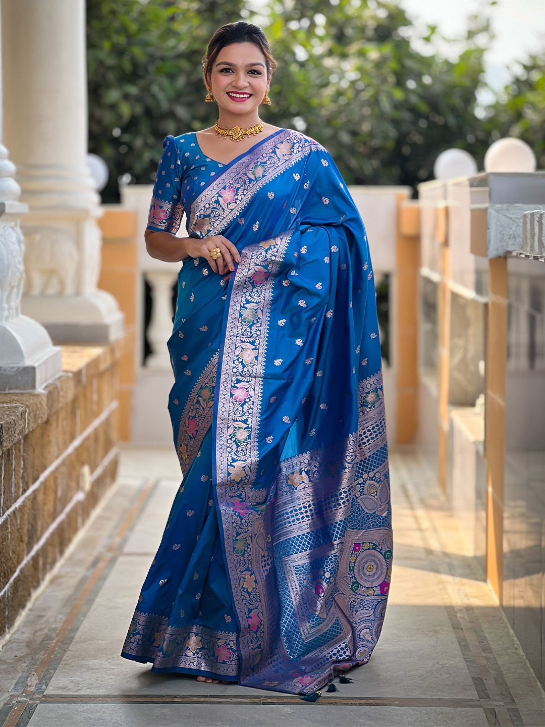 

Ekta Textiles Woven Design Zari Pure Silk Banarasi Saree, Blue