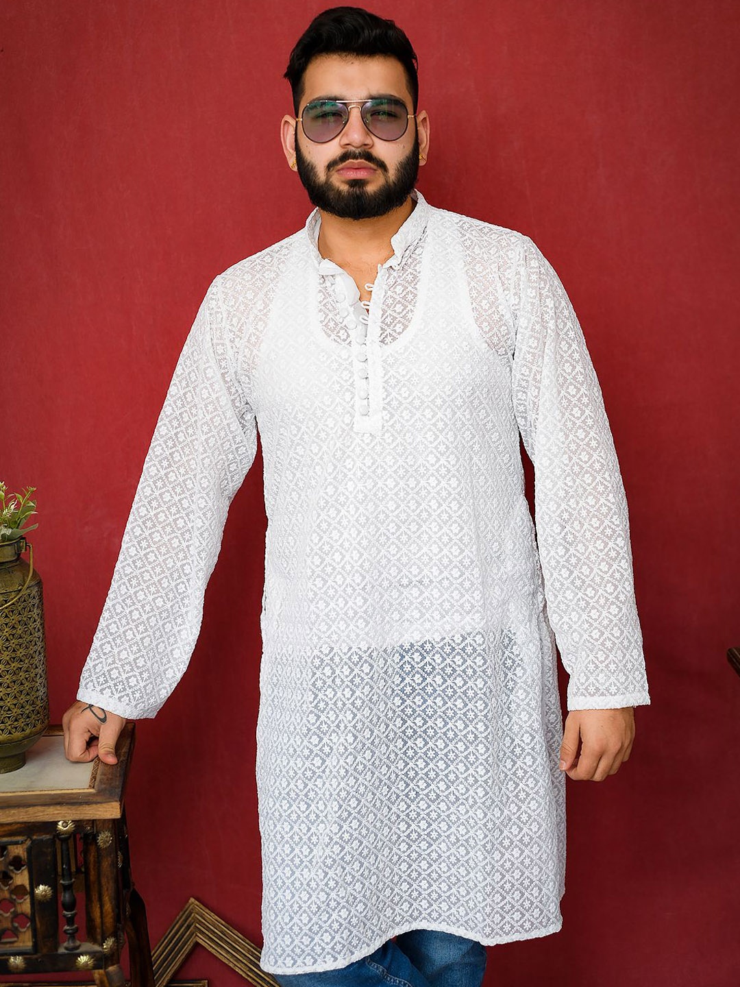 

Echo Ethnic Men Ethnic Motifs Embroidered Chikankari Handloom Georgette Kurta, White