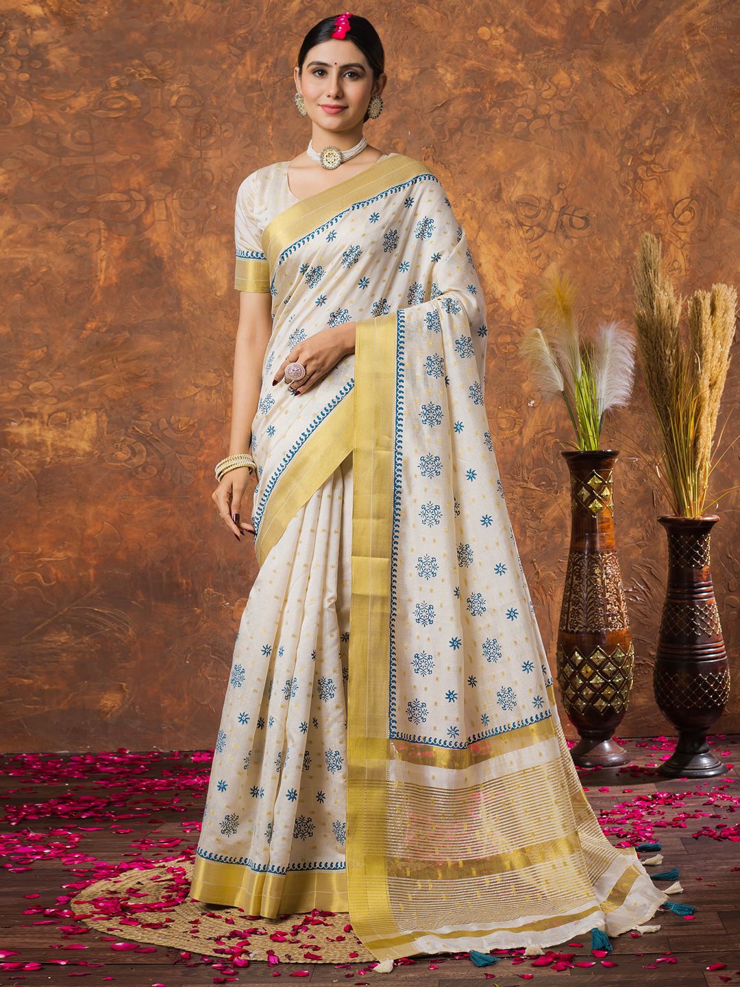 

Saree mall Woven Design Zari Linen Blend Kasavu Sarees, Cream