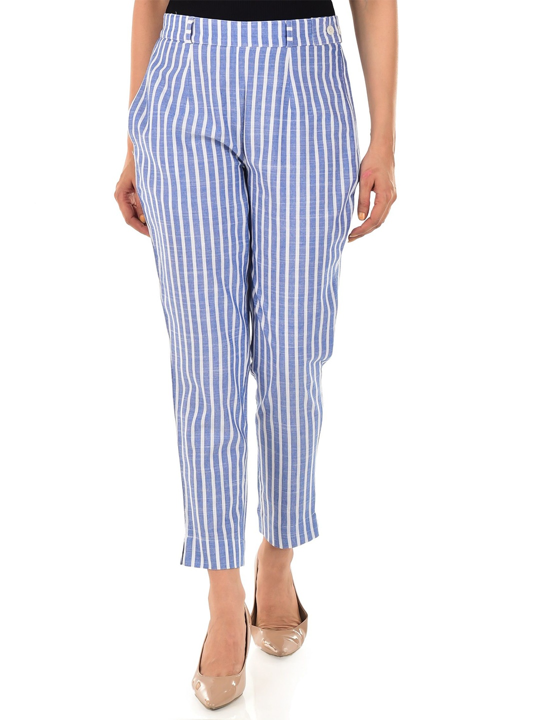 

ATARAH Striped Slim Fit High-Rise Pure Cotton Trousers, Blue
