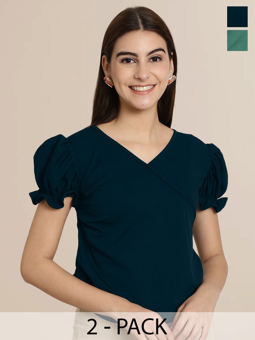 

Tromko Women Pack Of 2 Puff Sleeve Wrap Top, Blue