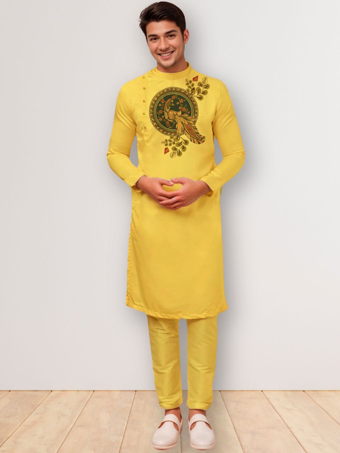 

DEVOILER Men Ethnic Motifs Printed Thread Work Kurta, Mustard