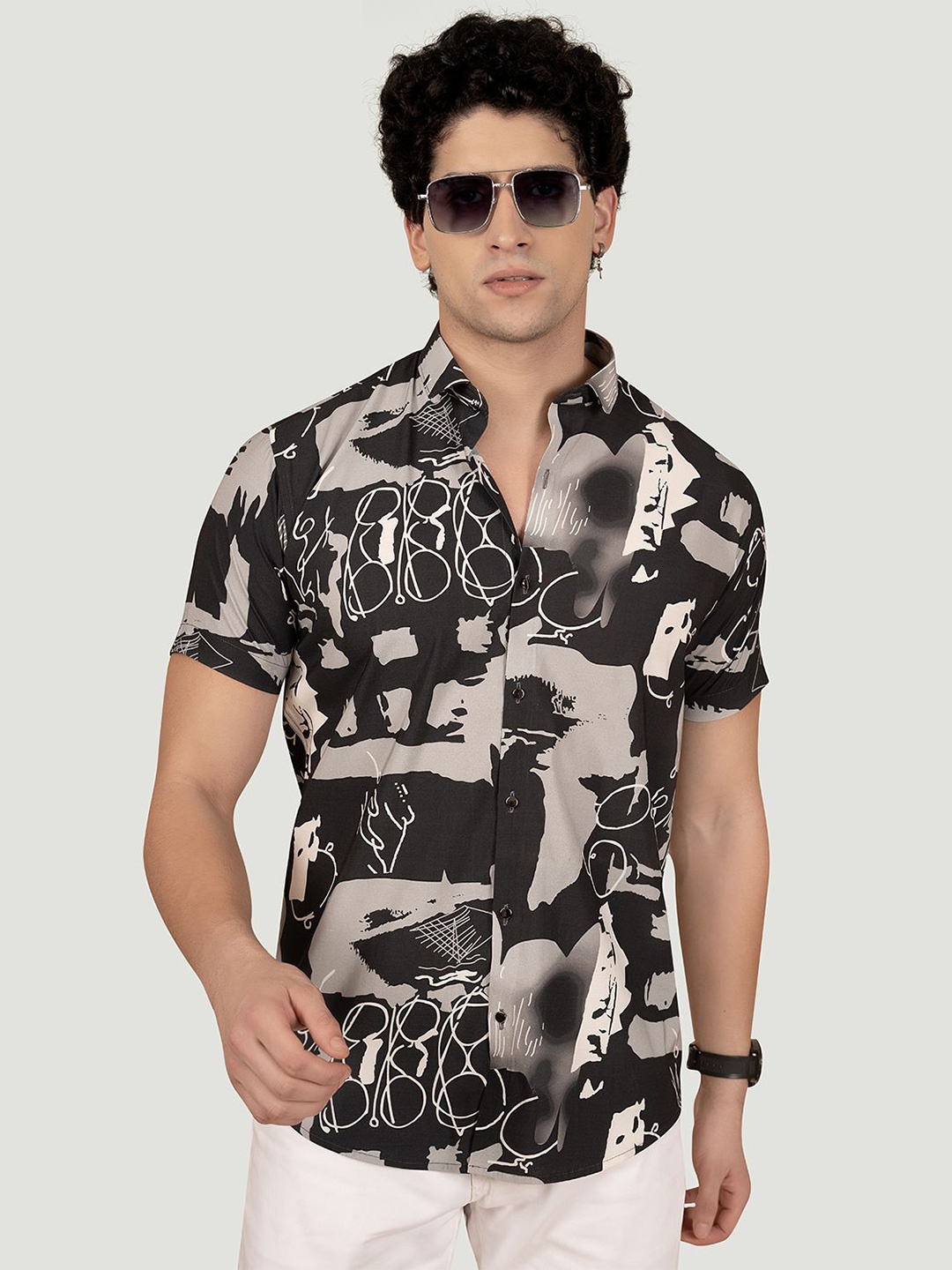 

ALMATY Men Comfort Slim Fit Floral Opaque Printed Casual Shirt, Black
