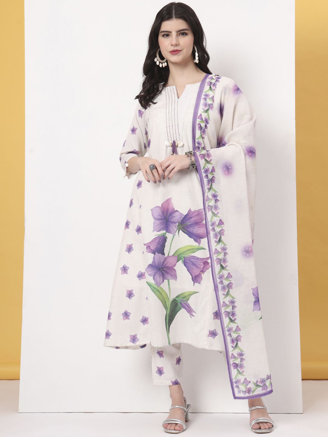 

Yufta Women Floral Printed Regular Kantha Work Linen Kurta with Trousers & With Dupatta, White
