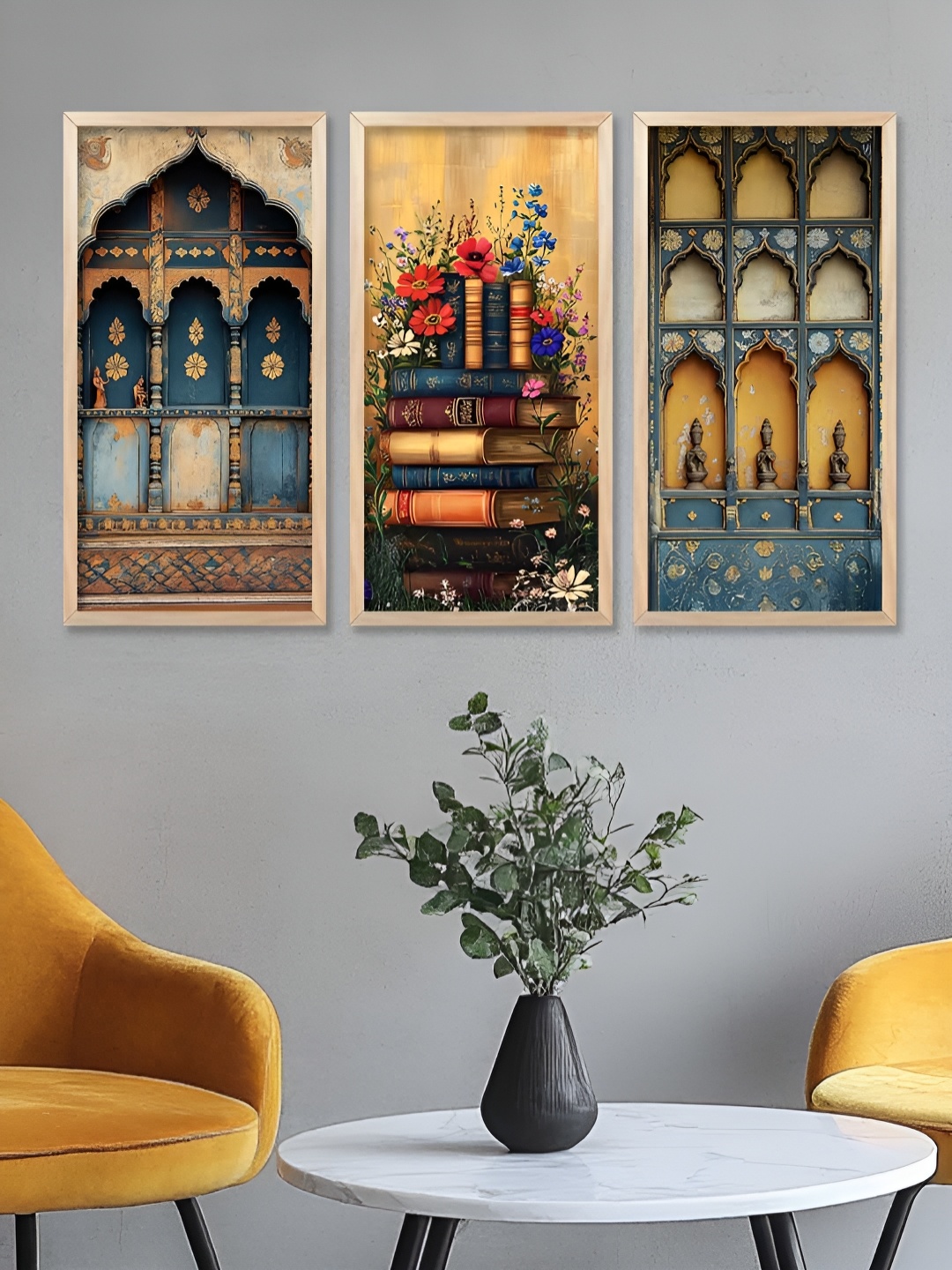 

WALLLANE Brown & Yellow 3 Piece Wood Abstract Wall Paintings