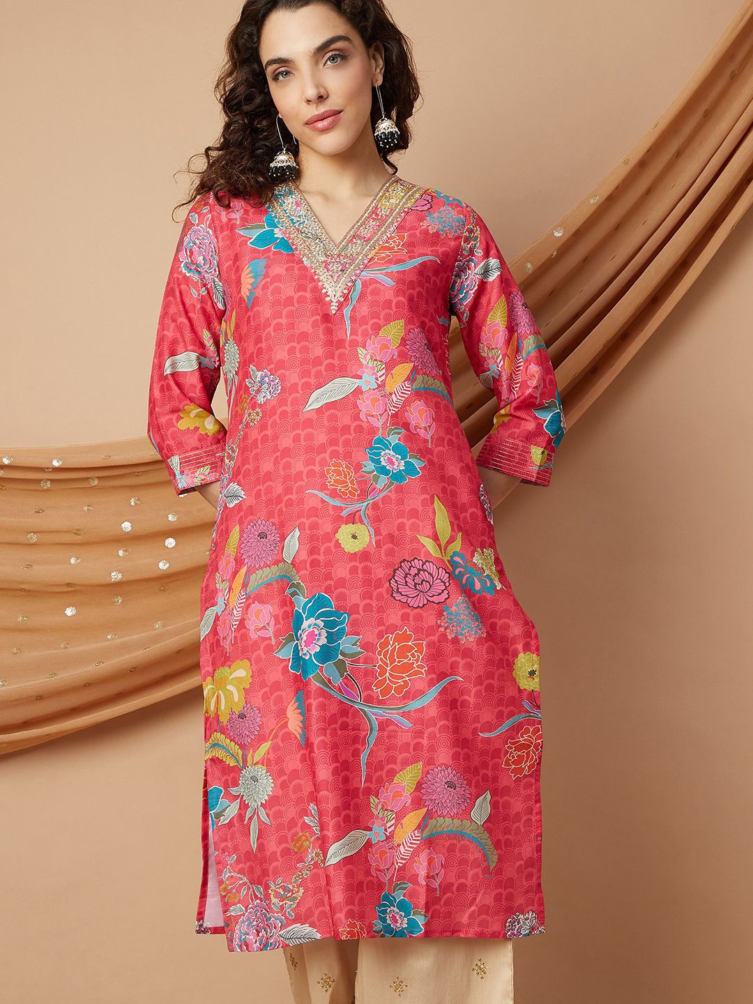 

Melange by Lifestyle Women Printed Flared Sleeves Kurta, Pink