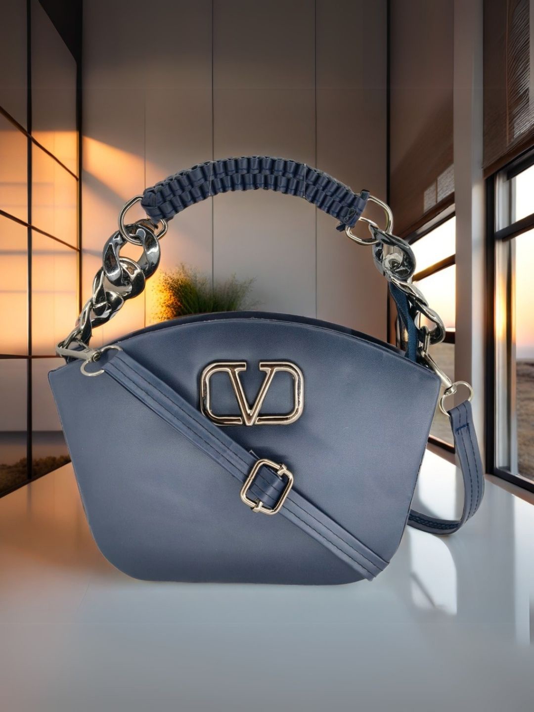 

ITALISH Leather Swagger Sling Bag, Navy blue