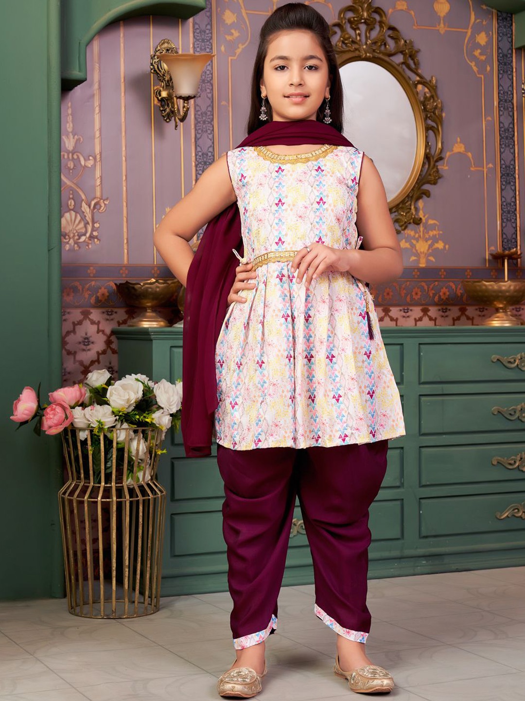 

BAESD Girls Floral Embroidered Pleated Anarkali Kurta With Dhoti Pants & Dupatta, Purple