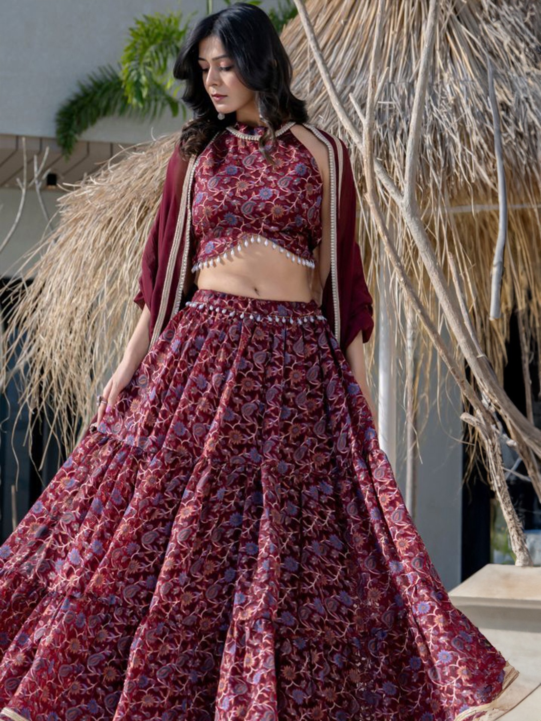 

HOUSE OF JAMOTI Embroidered Beads and Stones Ready to Wear Lehenga & Blouse With Dupatta, Maroon
