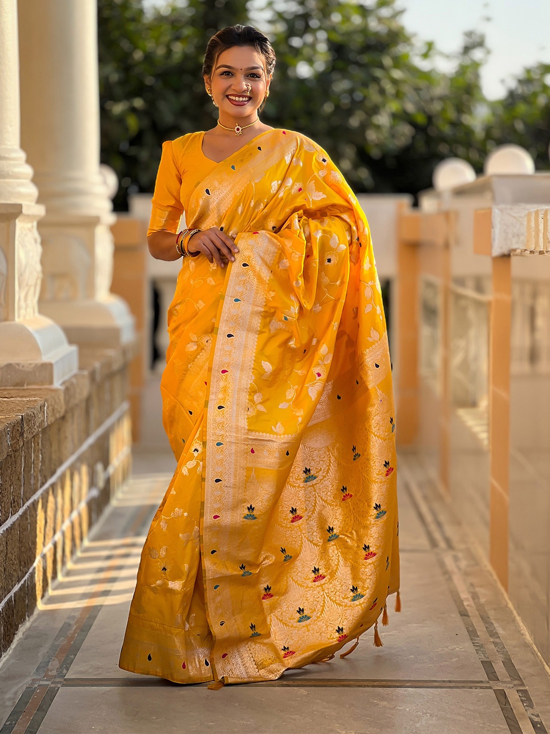 

Ekta Textiles Woven Design Zari Pure Silk Banarasi Saree, Yellow
