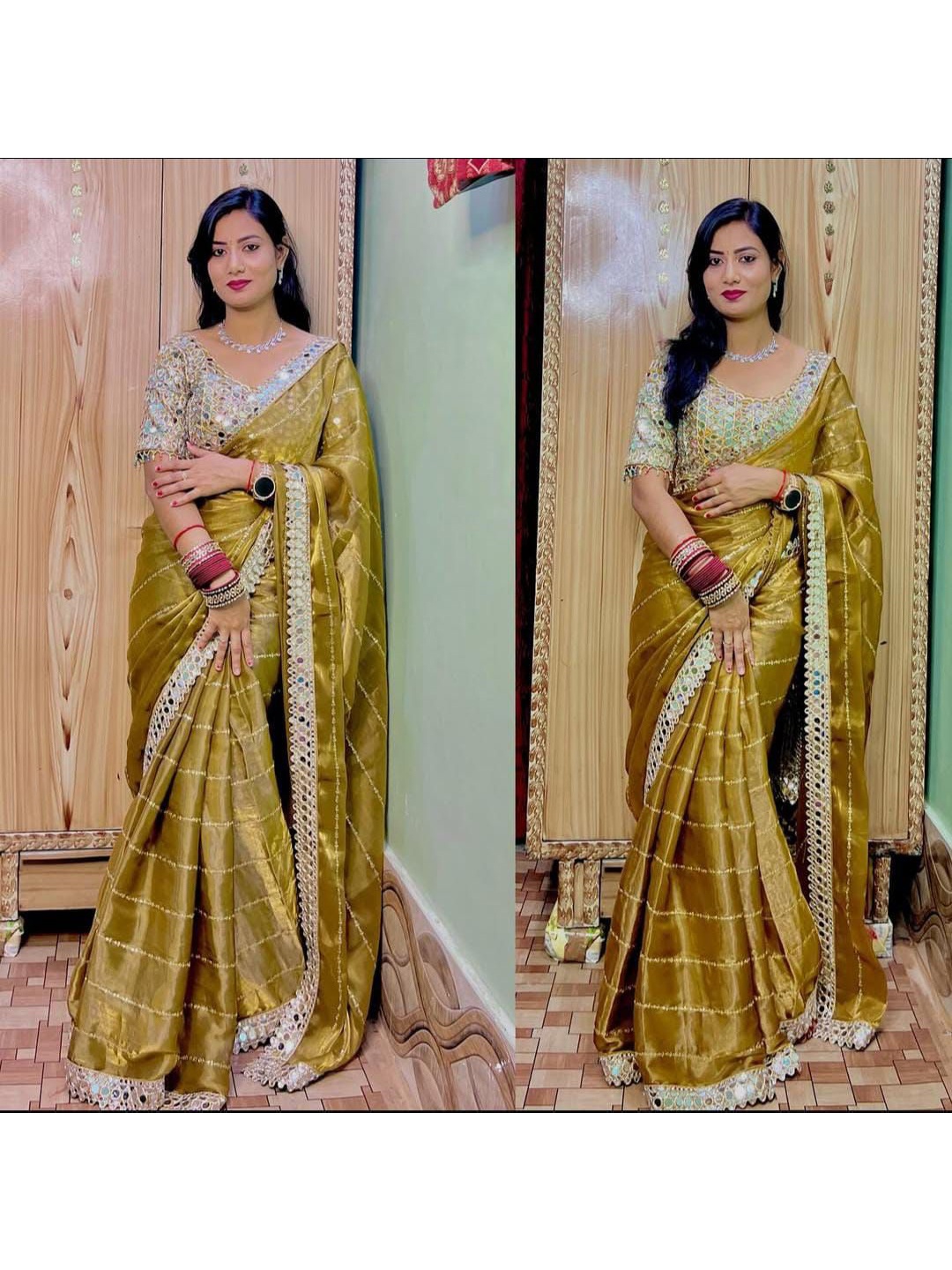 

MANSUBHA Mirror Work Banarasi Saree, Yellow