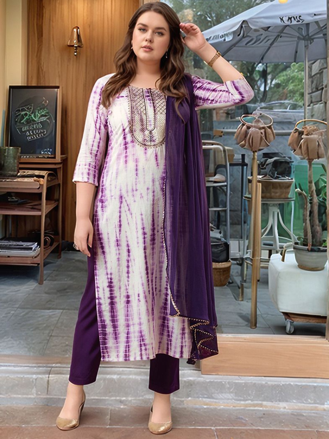 

DIVASTRI Women Printed Regular Sequinned Kurta with Trousers & With Dupatta, Purple