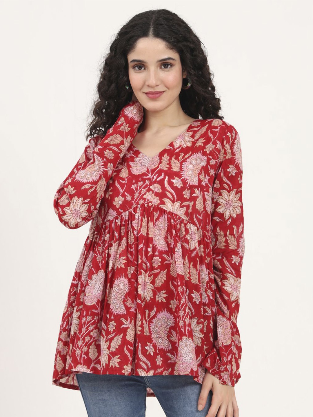 

KALINI Floral Print Cotton Top, Red