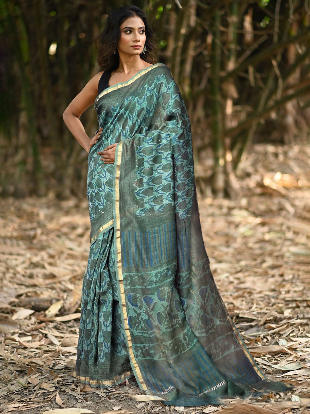 

Unnati Silks Zari Silk Cotton Handloom Chanderi Saree, Green