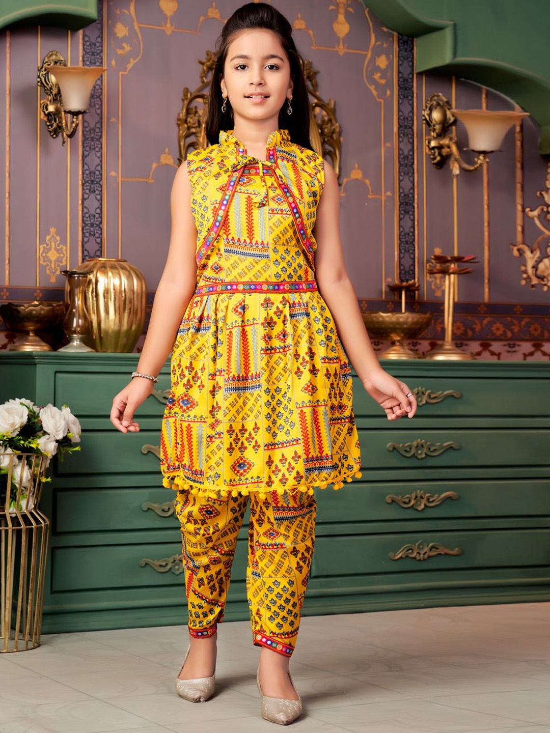 

BAESD Girls Ethnic Motifs Printed Mirror Work A-Line Kurta With Trousers & Jacket, Yellow