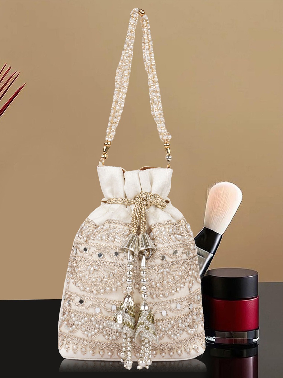 

PLANX Embroidered Embellished Potli Clutch, Cream