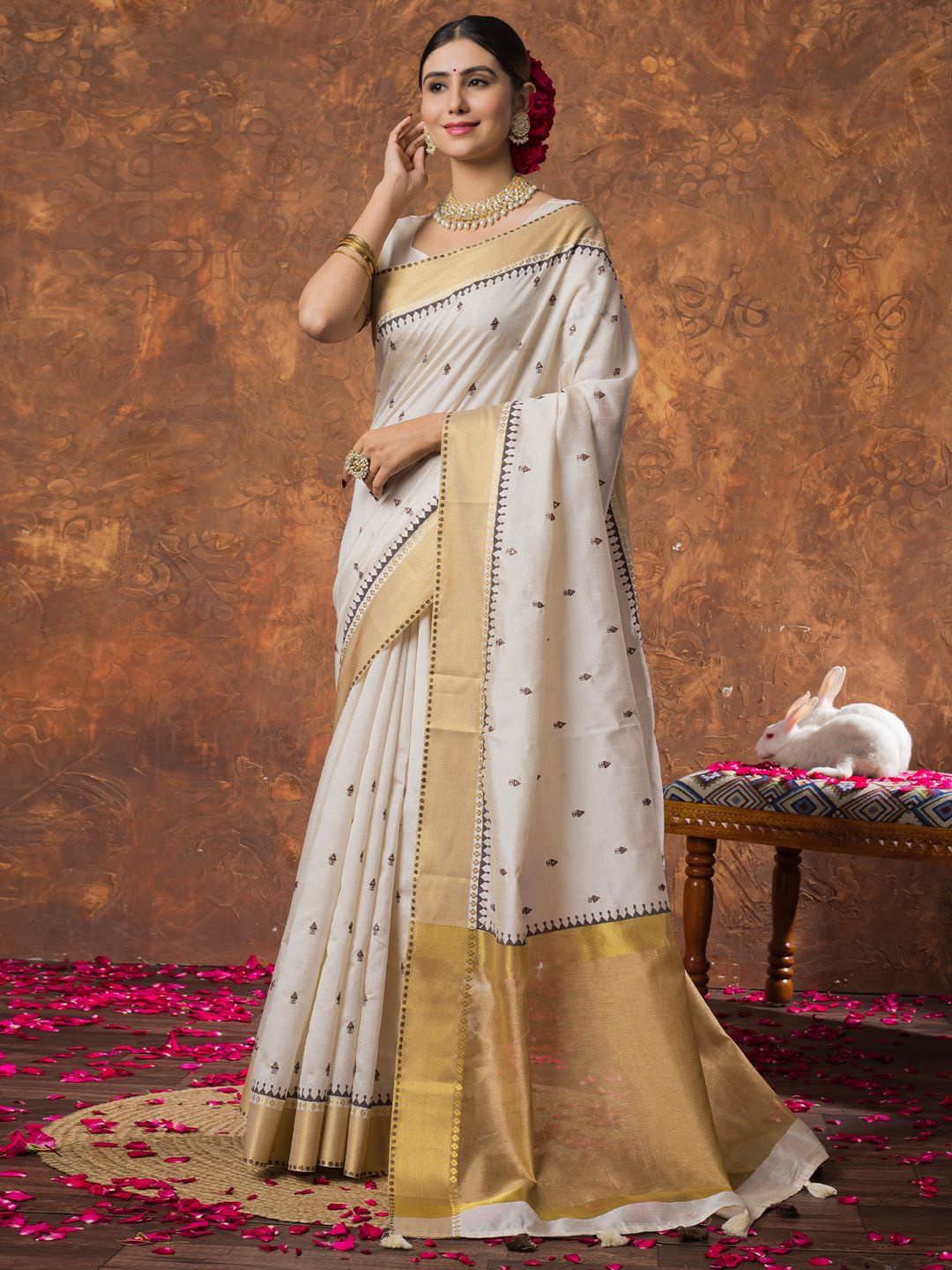 

Saree mall Woven Design Zari Linen Blend Kasavu Sarees, Cream