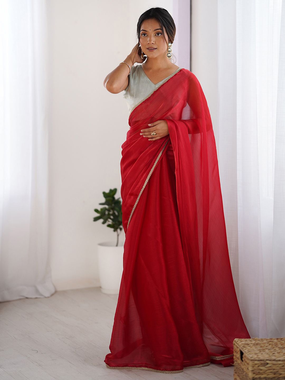 

KALINI Embroidered Pure Chiffon Saree, Red