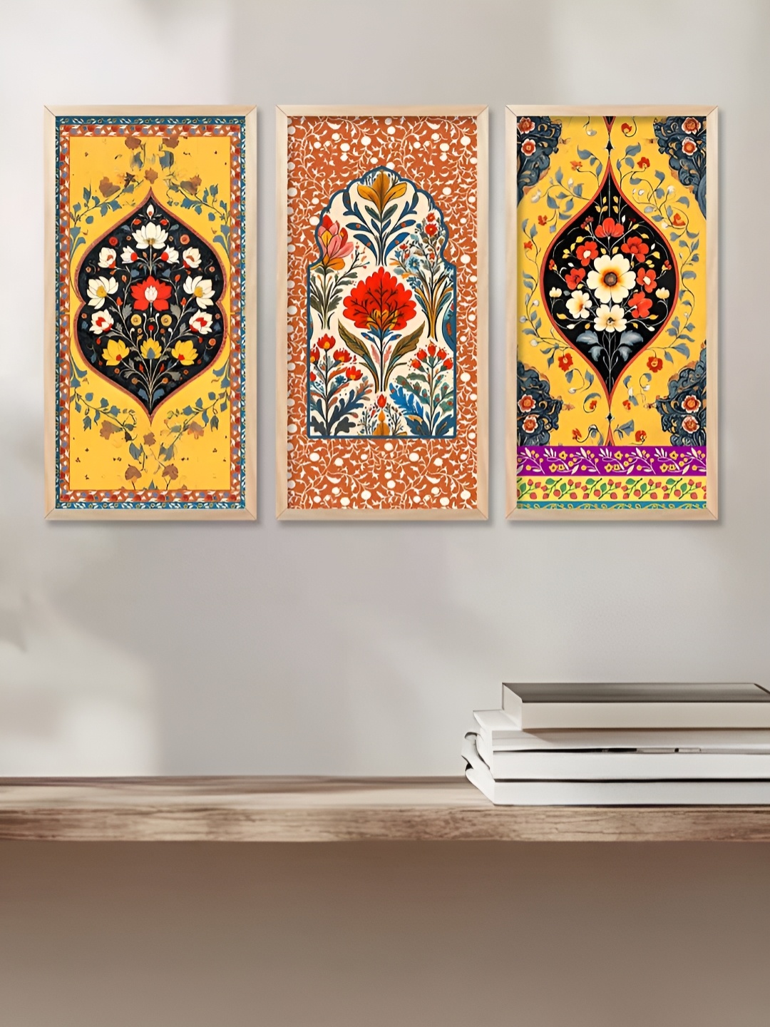

WALLLANE Yellow & Red 3 Piece Wood Abstract Wall Paintings