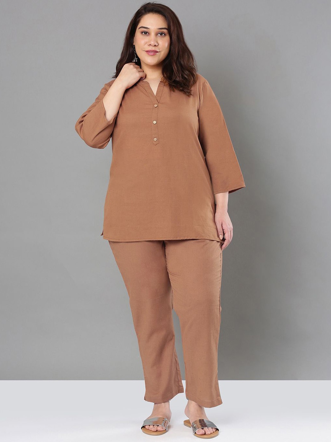 

Sztori Pure Cotton Mandarin Collar Top With Trousers Co-Ords, Brown