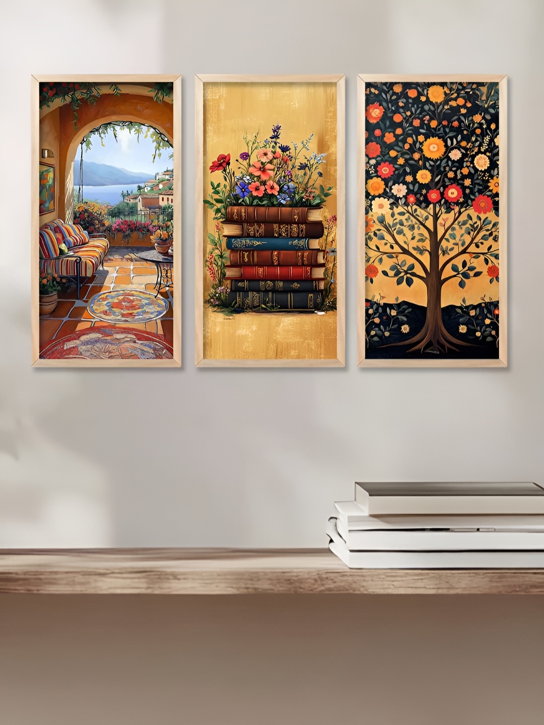 

WALLLANE Orange & Yellow 3 Piece Wood Abstract Wall Paintings