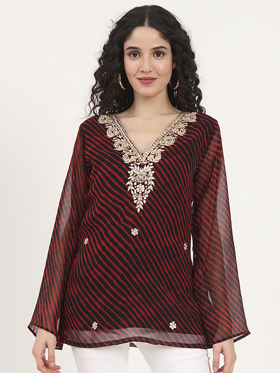 

KALINI Print Bell Sleeve Georgette Top, Black