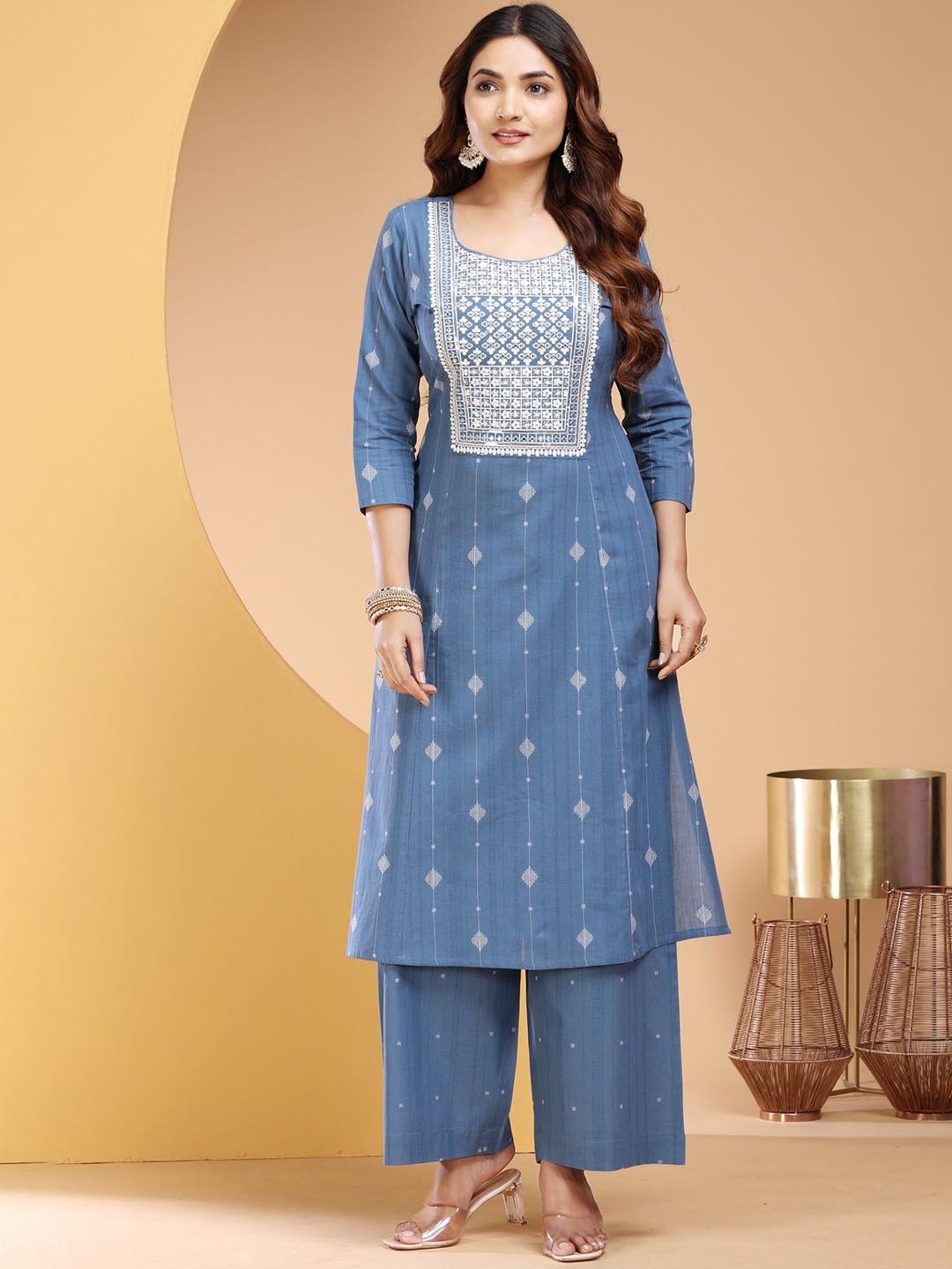 

COTTON CULTURE Floral Embroidered Straight Pure Cotton Kurta With Palazzos, Blue